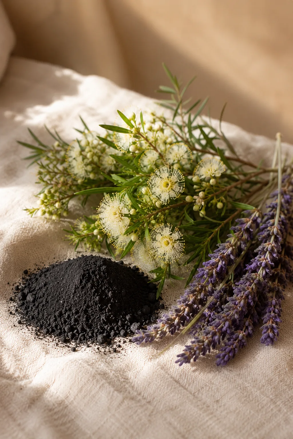 Carvão ativado, melaleuca e lavanda lado a lado